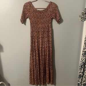 Natural Life Maxi Dress-Short Sleeved Elastic Top, Rust, Green, Cream Size XS/S